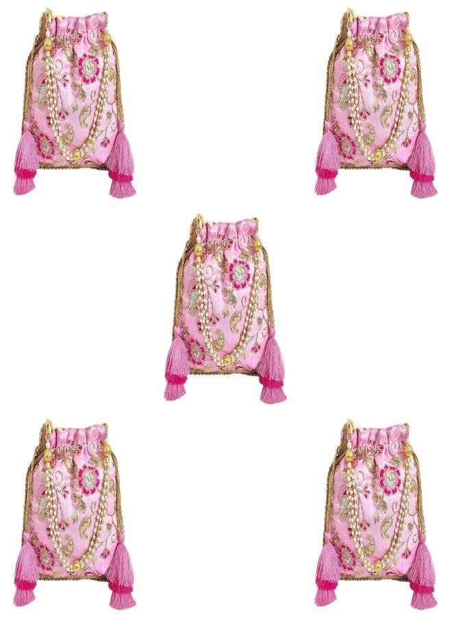 حقيبة بوتلي نسائية من دوقة، وردية اللون، مزينة بالزهور وشرابة (عبوة من 5 قطع)